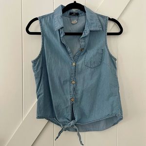 Sleeveless denim tie front button down shirt